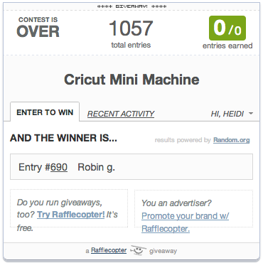 Rafflecopter Cricut Mini Winner | HandsOccupied.com