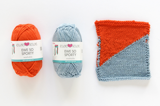 Ewe Ewe Yarn's Ewe So Sporty yarn in Orange Peel & Sky Blue