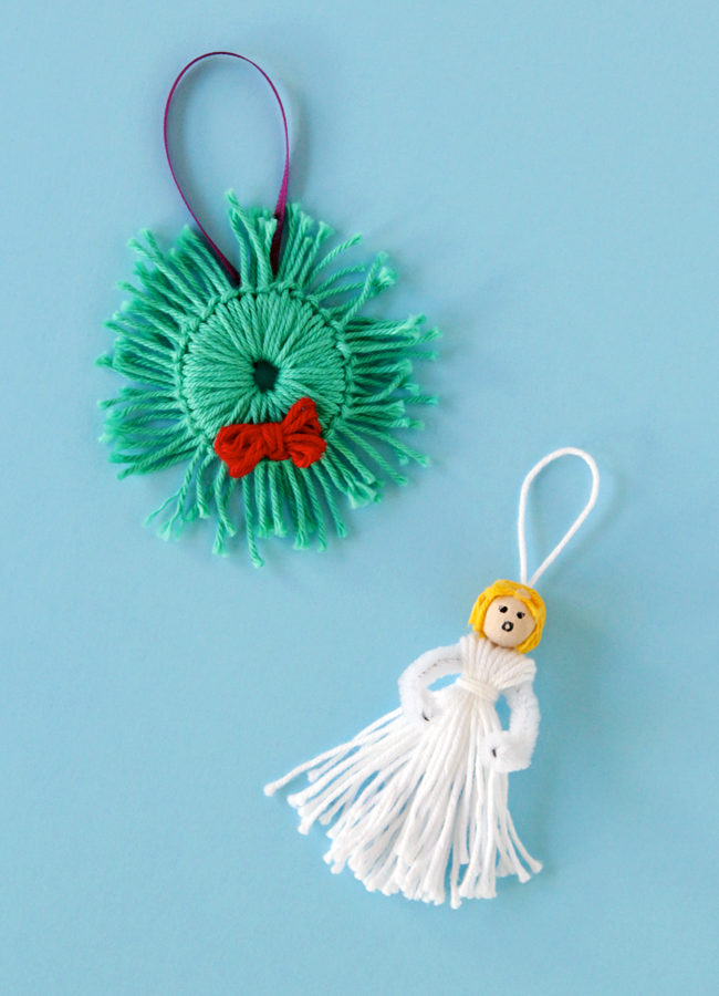 Instructions for how to make two ornaments with yarn scraps: an adorable angel and a holiday wreath! Click for the tutorials.