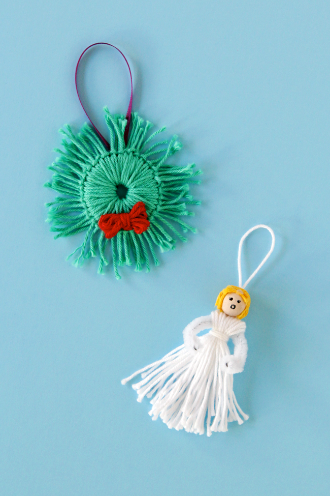 Instructions for how to make two ornaments with yarn scraps: an adorable angel and a holiday wreath! Click for the tutorials.
