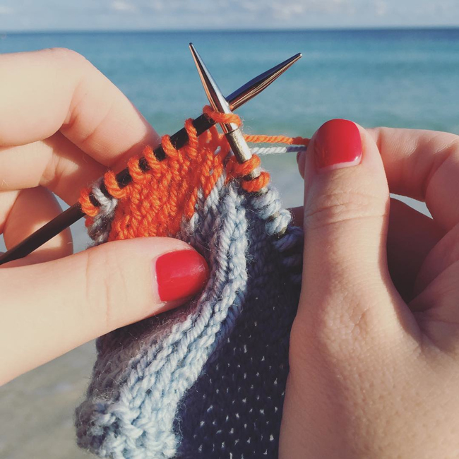 Knitting on the beach in Freeport, Bahamas
