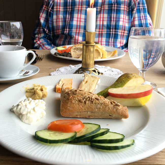 Breakfast in Iceland consists of lots of fruit, cheese, bread and veggies!