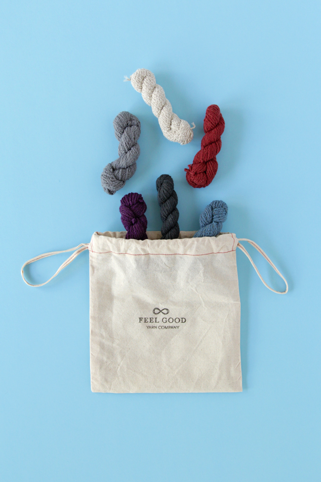 6 mini skeins of Feel Good Yarn Company's SilverSpun Sport and a sweet little project bag. 