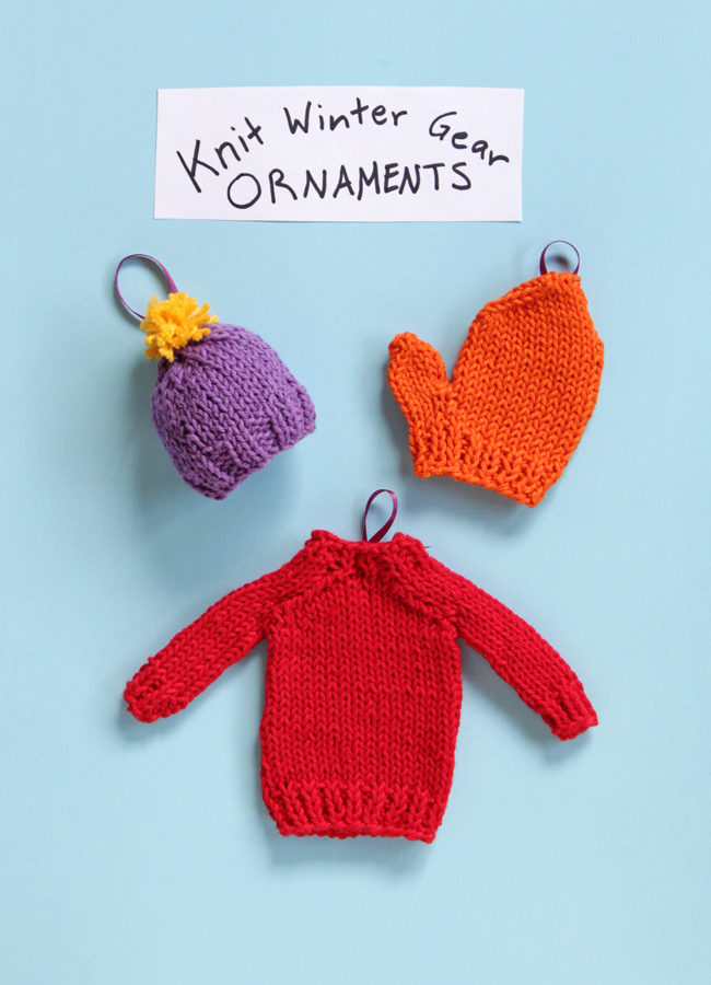How to knit winter gear inspired Christmas ornaments three ways! Get the free patterns at Hands Occupied! #knitornaments #freepattern #minisweater #chirstmasornament