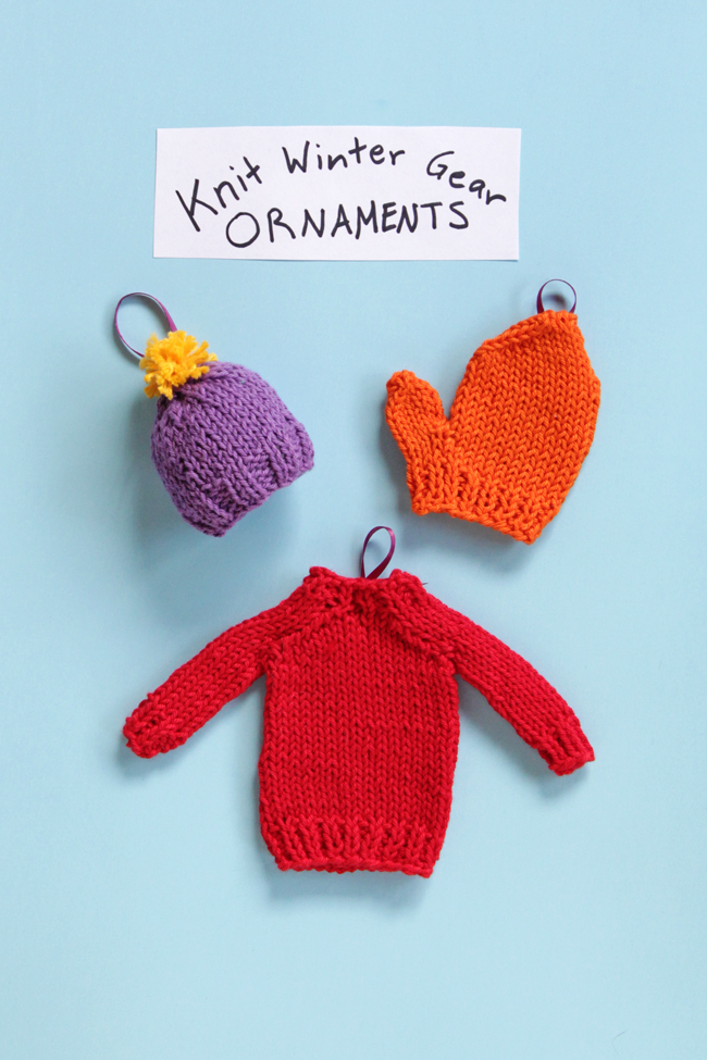 How to knit winter gear inspired Christmas ornaments three ways! Get the free patterns at Hands Occupied! #knitornaments #freepattern #minisweater #chirstmasornament 