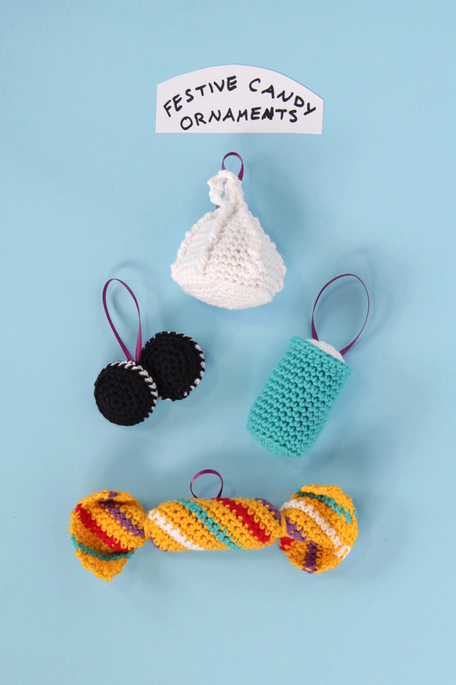 How to crochet holiday treat-inspired ornaments three ways! Click through for the free patterns. #crochetornament #freepattern #crochet #chirstmasornament