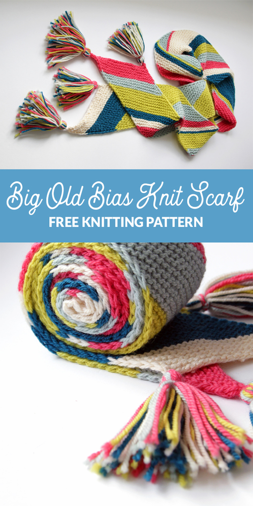 The Big Old Bias Knit Scarf is a free knitting pattern. It's perfect for experienced knitters looking for a palette cleanser (and a way to use up those yarn ends), but it's also good for beginners who want to make something that looks super elegant.