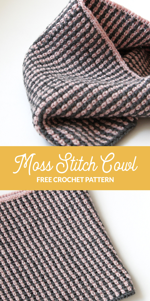 This cute, two-color cowl is crocheted with just two 50g balls of 100% wool yarn. Get the free Moss Stitch Cowl pattern from Hands Occupied.