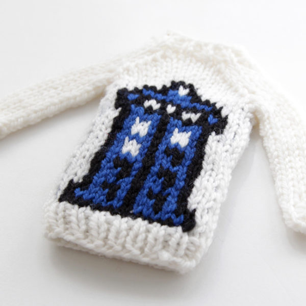 Mini Blue Phone Booth Sweater by Heidi Gustad, designed as part of Fandom Fibers' inaugural collection.