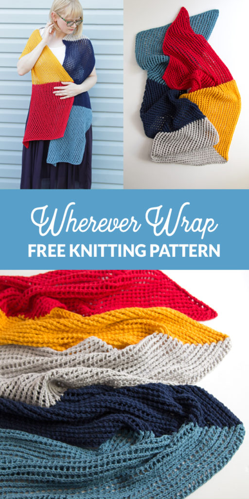 Who doesn't love an easy-to-knit, versatile pattern? The Wherever Wrap is a fun colorblock piece knit with a simple lace motif. Get the free knitting pattern by designer Heidi Gustad. 