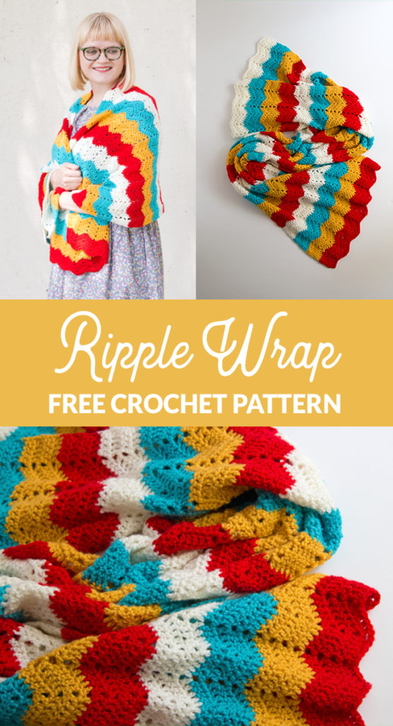 Get your hands on the free crochet pattern for the Ripple Wrap! The Ripple Wrap is a four-color take on one of the most universally-recognized crochet stitches: the ripple stitch. Seen in afghan patterns in grandmothers' houses everywhere, the ripple stitch creates a fun zig zag pattern that opens up tons of possibilities for color combos.