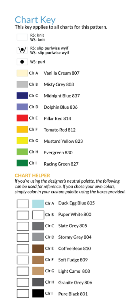 The original Intarsia Mountain pattern (by Heidi Gustad) color keys & chart helpers.