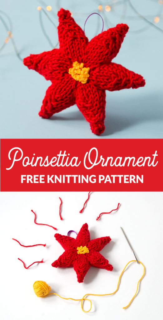 Trim your tree with a hand knit ornament! This festive poinsettia will add a splash of color to your holiday decor. Click through for the free knitting pattern.