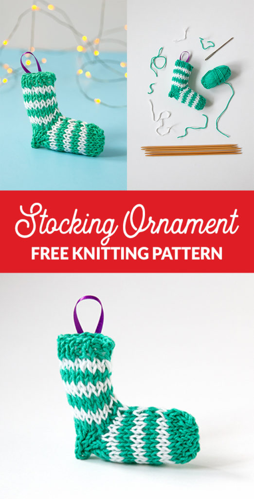 A tiny knit stocking is the most adorable way to trim your tree! Get the free knitting pattern for this striped stocking. #christmasornament #stockingornament #freeknittingpattern