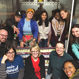 A photo of some of the folks at the 2/1/19 Hands Occupied Studio Warming party!