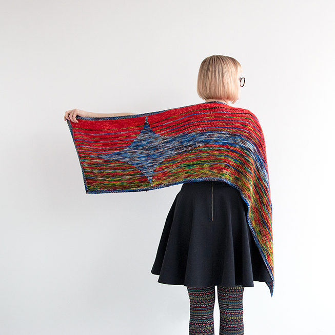 Faded Flare Wrap by Heidi Gustad, Part of Zen Yarn Garden's Impressionist Collection (2019), Photo Credit: Heidi Gustad for Hands Occupied