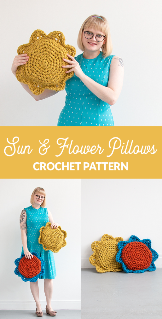 Sun & Flower Pillows - free crochet pattern! Quickly crochet a set of adorable, summery home accessories with the free pattern for these sun and flower-inspired throw pillows! Visit the Hands Occupied blog for the free crochet pattern. #crochet #freepattern #bulkyyarn #quickcrochetproject