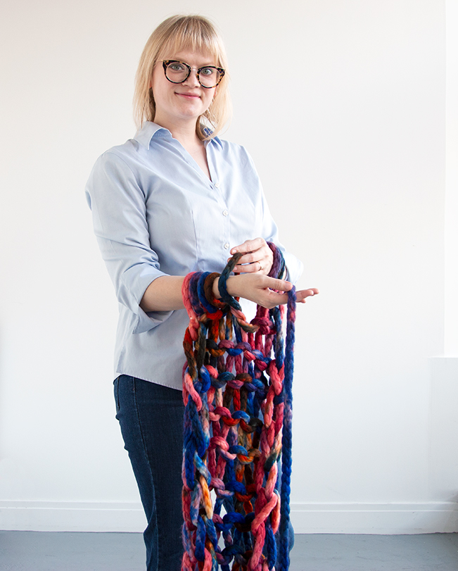 The 45-Minute Wrap, a free arm knitting pattern made with Zen Yarn Garden's Big Up! jumbo weight yarn.