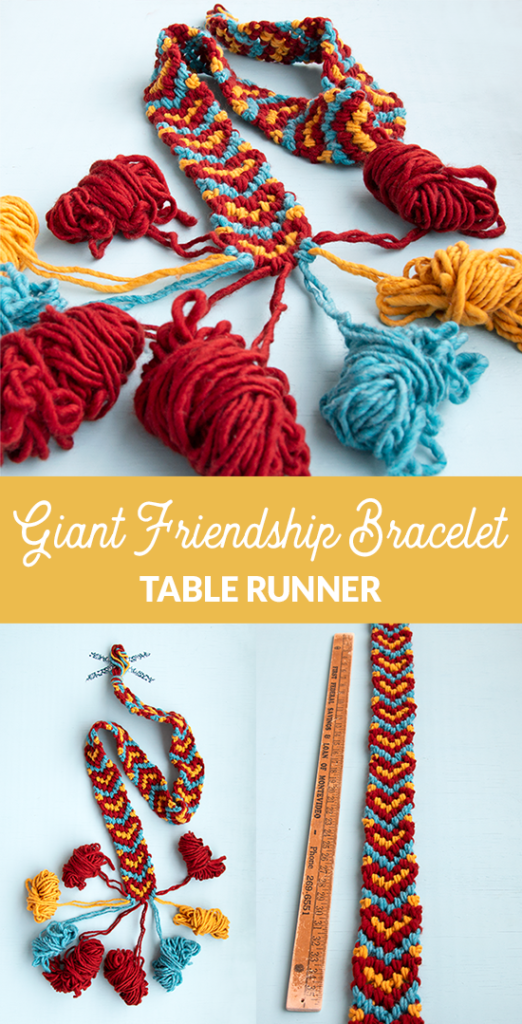 Make a giant friendship bracelet-inspired runner for your Friendsgiving table! Knotted with 100% American wool, this easy project doubles as a hostess gift and macramé scarf. Visit handsoccupied.com to learn how to make this easy Thanksgiving craft project. 