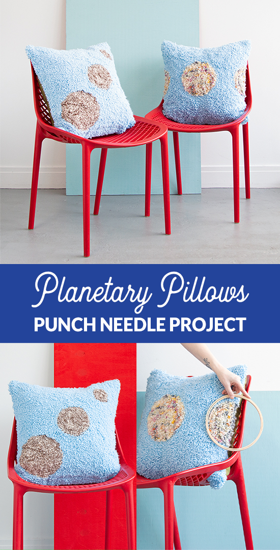 Learn how to make these planet-inspired punch needle throw pillows using embroidery hoops!