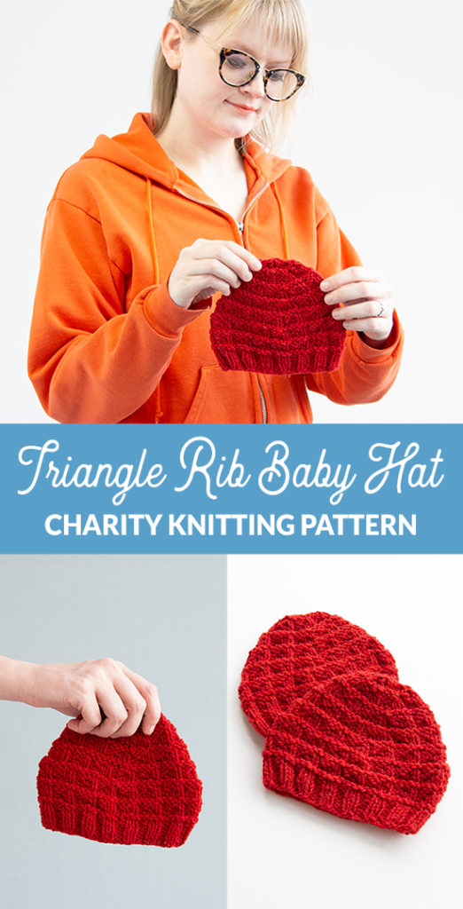 The Triangle Rib Baby Hat knits up so quickly! Get your hands on this free charity knitting pattern for babies on Hands Occupied. #charityknitting #freepattern #babyknitting