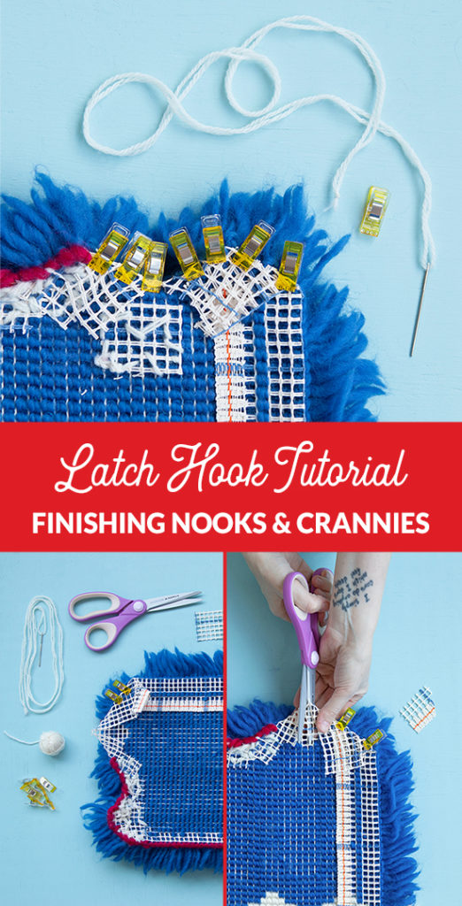 Finishing Nooks and Crannies in Latch Hook Tutorial: The hardest part about finishing latch hook projects is dealing with small nooks and crannies. What do you do when your edge has no seam allowance? What to do when edges are fraying before your eyes? Learn how to troubleshoot challenging finishing spots in this new latch hook tutorial from Hands Occupied.