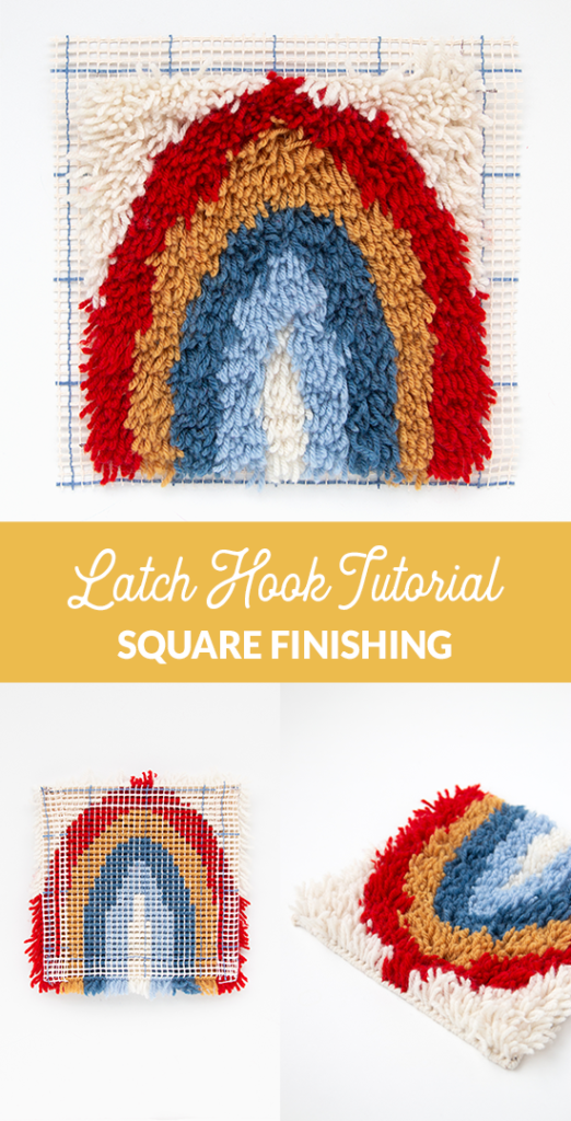 Square latch hook finishing tutorial: Learn how to do finishing in latch hook projects with square corners. This is a work-as-you-go method that helps you save time during the finishing process in latch hook rug making. #latchhook #rugmaking #rughooking #rugbinding