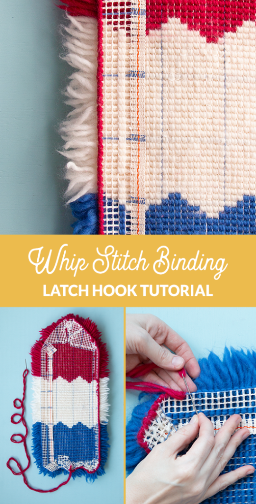 Learn how to bind latch hook project edges using whip stitch with this step by step photo tutorial on the Hands Occupied Blog. #latchhook #yarncrafts #rugmaking #handsoccupied