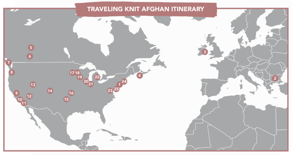 A world map featuring the Traveling Knit Afghan's journey in 2020.