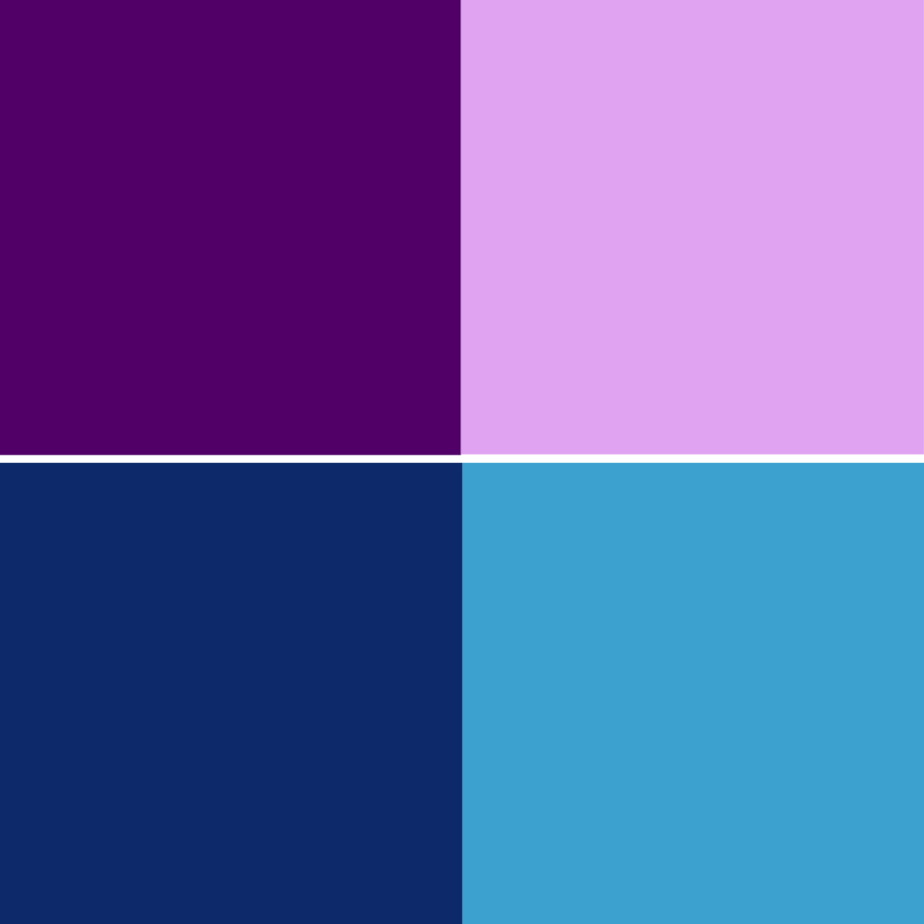 A graphic featuring eggplant, lavender, navy and light blue squares designed to illustrate a point about color value.