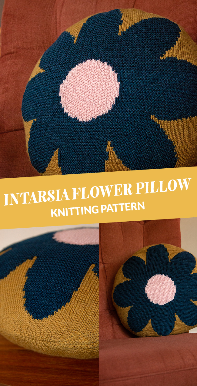 A collage of images of the Intarsia Flower Pillow knitting design