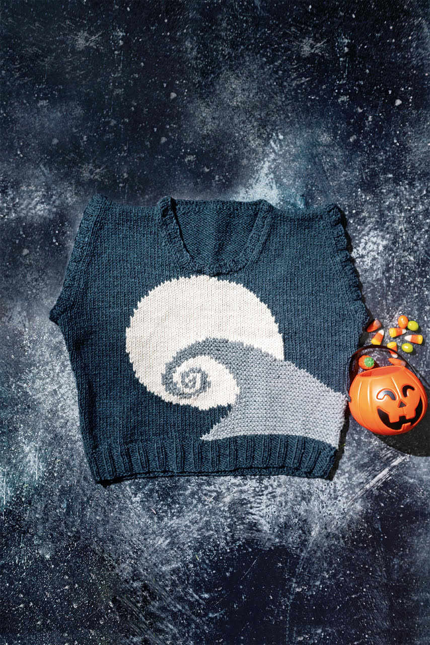 Get the Spiral Hill Sweater Vest pattern, available in the new Nightmare Before Christmas knitting book from Tanis Gray and Insight Editions.