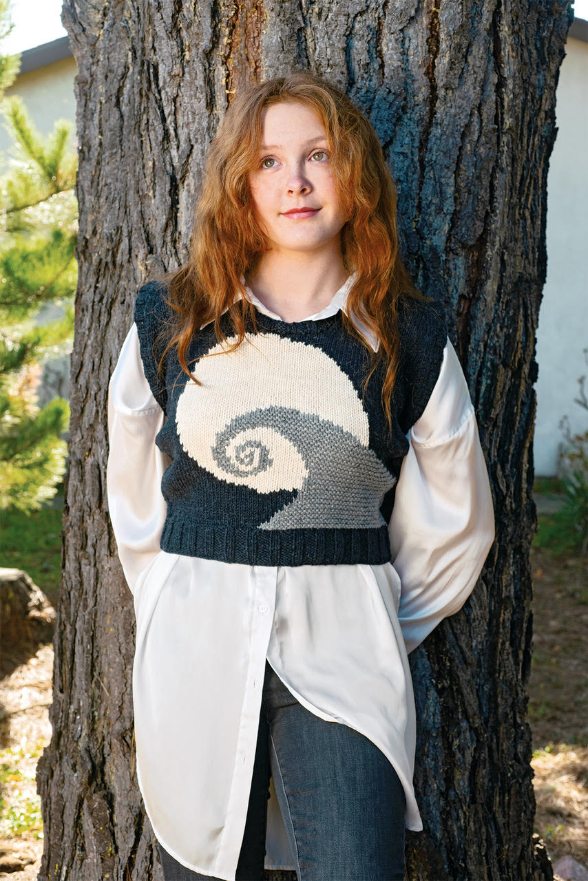 Get the Spiral Hill Sweater Vest pattern, inspired by the new Nightmare Before Christmas knitting book from Tanis Gray and Insight Editions. Designed by Heidi Gustad.