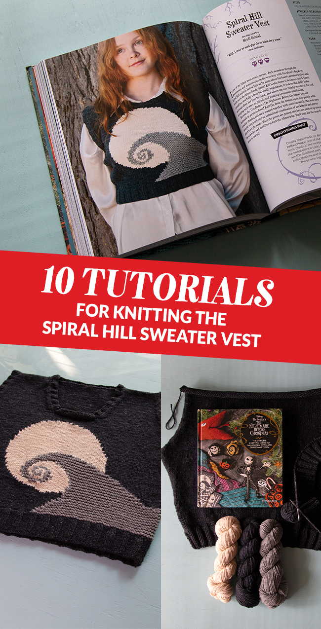 Check out 10 video & written tutorials to help you knit the Spiral Hill Sweater Vest, including intarsia colorwork, make 1 increases, and a German Twisted Cast On.