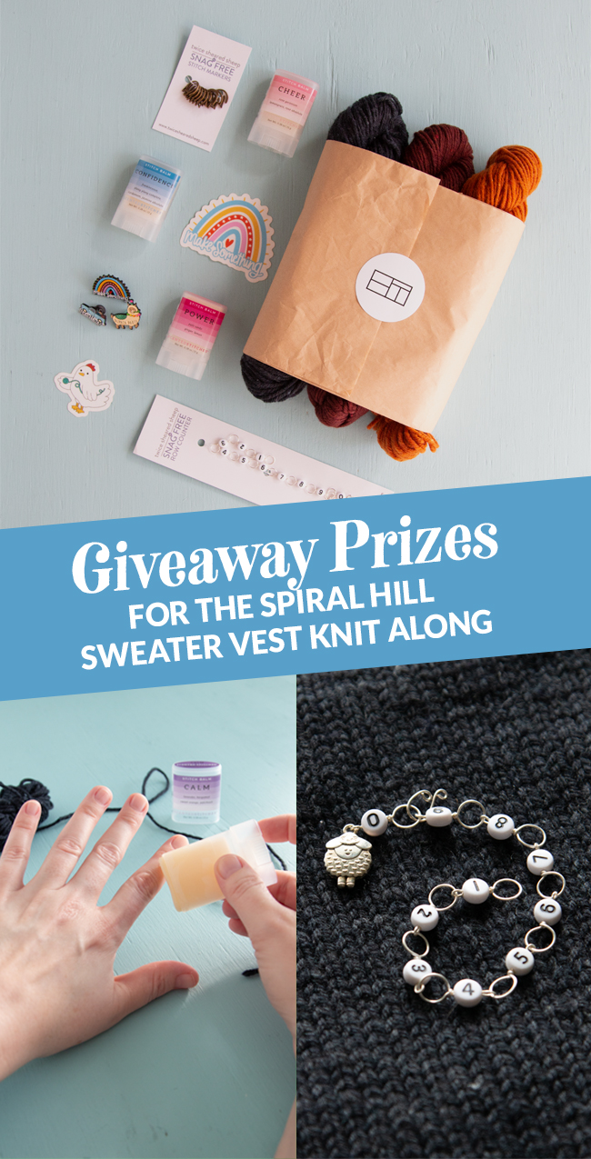 Check out the giveaway prizes up for grabs in the Spiral Hill Sweater Vest Knit Along, and enter to win!